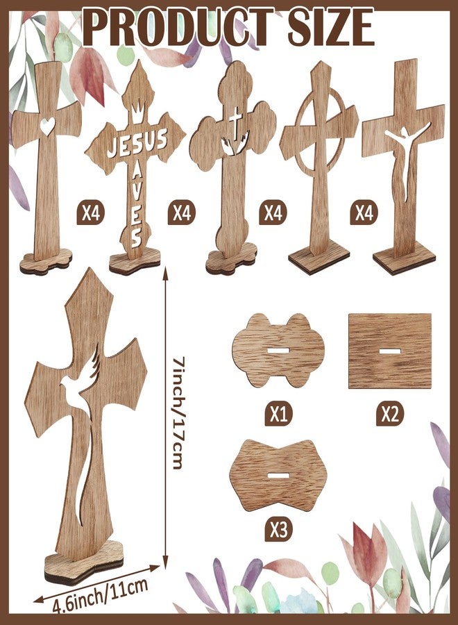 Yuntau 24 Pcs Wooden Crosses Baptism Crafts Centerpieces for Tables Wood Catholic Standing Cross with Bases for Communion Decor Home Tables Decoration Gift, 6 Styles, 6.7 x 4.3 Inch (Brown) - Image 2
